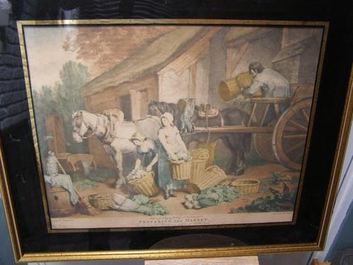 Mezzotint James Ward Preparing for the market+Poultry market, Verzamelen, Foto's en Prenten, Gebruikt, Prent, Overige onderwerpen