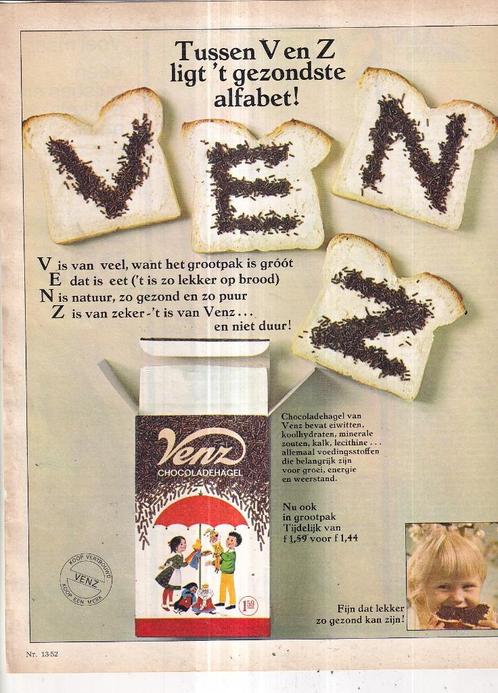 Retro reclame 1969 Venz het gezondste alfabet, Verzamelen, Retro, Huis en Inrichting, Ophalen of Verzenden