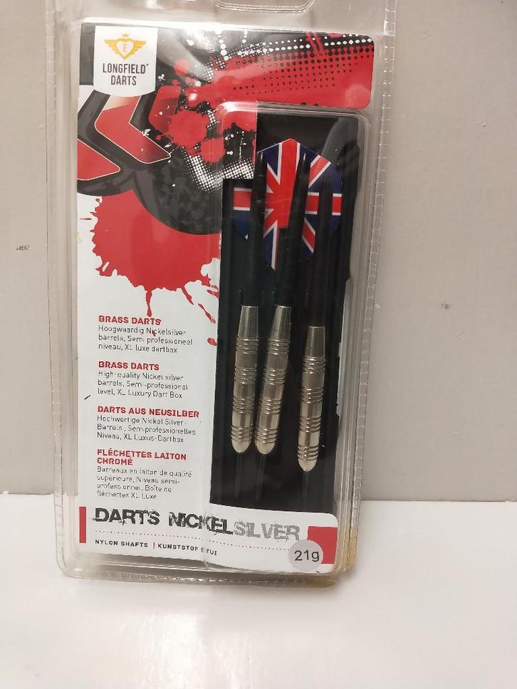 Dartpijlen - Nickelsilver - Longfield - 21 gram - met etui, Sport en Fitness, Darts, Zo goed als nieuw, Pijlen, Ophalen of Verzenden
