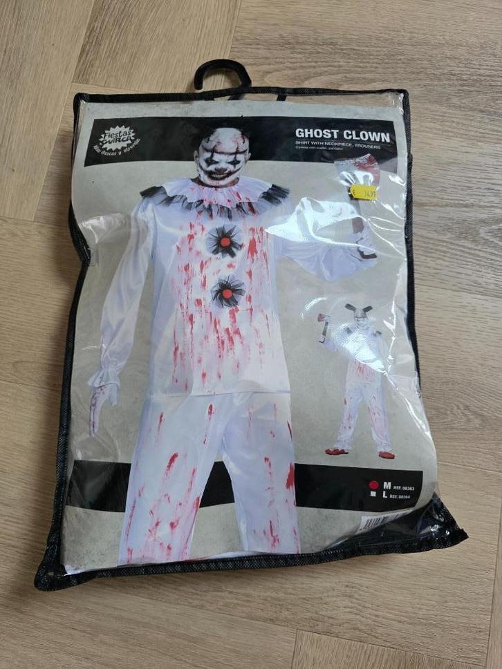 Halloween pak - nieuw - mt 48-50 1 keer gedragen ghost clown, Hobby en Vrije tijd, Feestartikelen, Nieuw, Kostuum, Halloween of Griezel