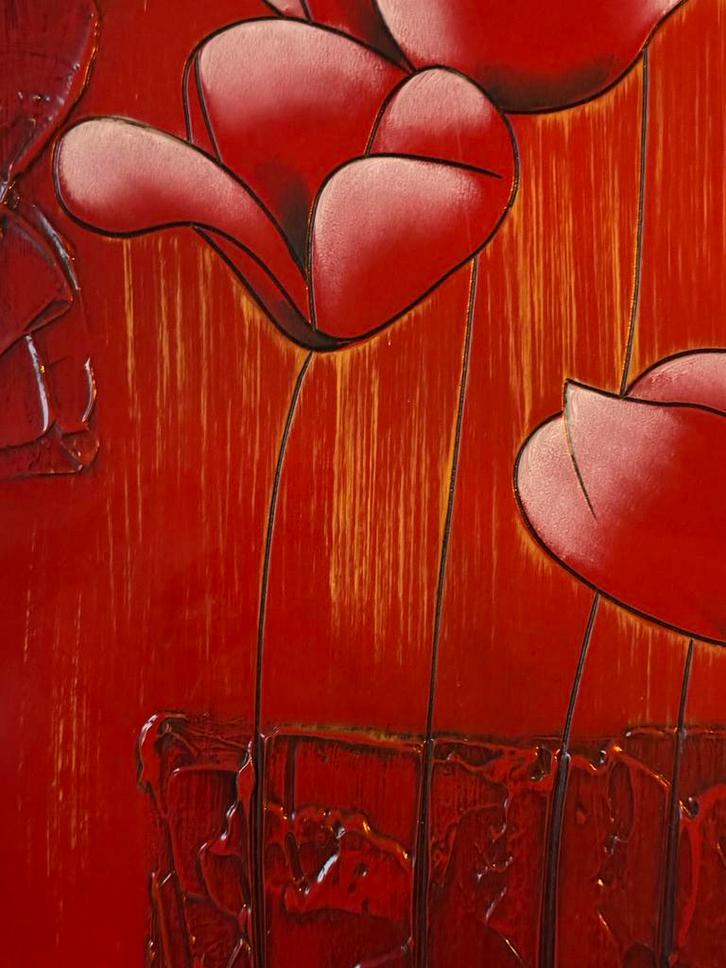 Rode Bloemen Schilderij Japans hout, Antiek en Kunst, Kunst | Schilderijen | Klassiek, Ophalen of Verzenden