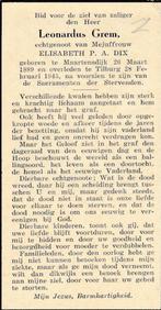 Grem Leonardus 1889 Maartensdijk 1945 Tilburg, Ophalen of Verzenden, Bidprentje