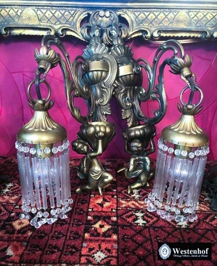 2 Wandlampen antiek barok engelen beelden brons, kristallen, Antiek en Kunst, Antiek | Lampen, Ophalen of Verzenden