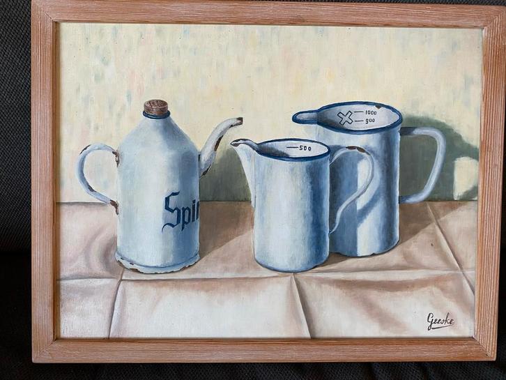 Olieverf Stilleven 3 emaille kannen - met lijst 43x33 cm, Antiek en Kunst, Kunst | Schilderijen | Klassiek, Ophalen of Verzenden