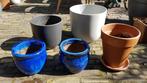 Terracotta 3x buiten 2x binnen bloempotten glazuur blauw, Tuin en Terras, Bloempotten, Ophalen, Rond, Terracotta, Tuin