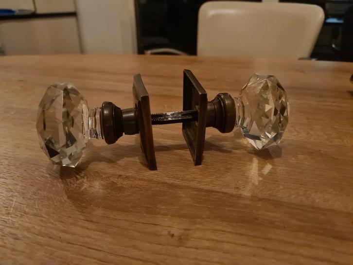 Glazen Deurknop met Koperen Rozet, Doe-het-zelf en Verbouw, Hang- en Sluitwerk, Gebruikt, Klink of Kruk, Koper of Messing, Ophalen of Verzenden