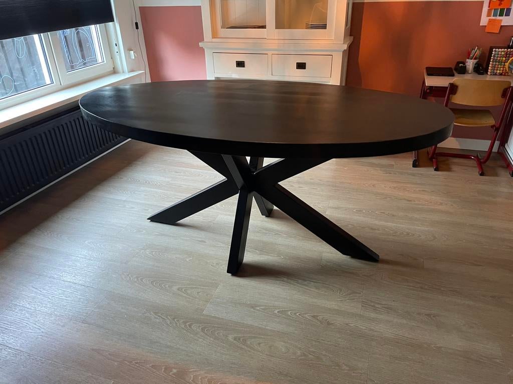 Zwarte eettafel staal en mangohout 180 cm, Ophalen, 50 tot 100 cm, Zo goed als nieuw, 150 tot 200 cm