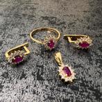 14k gouden set ring oorbellen hanger robijn stenen, Ophalen of Verzenden, Zo goed als nieuw, Goud