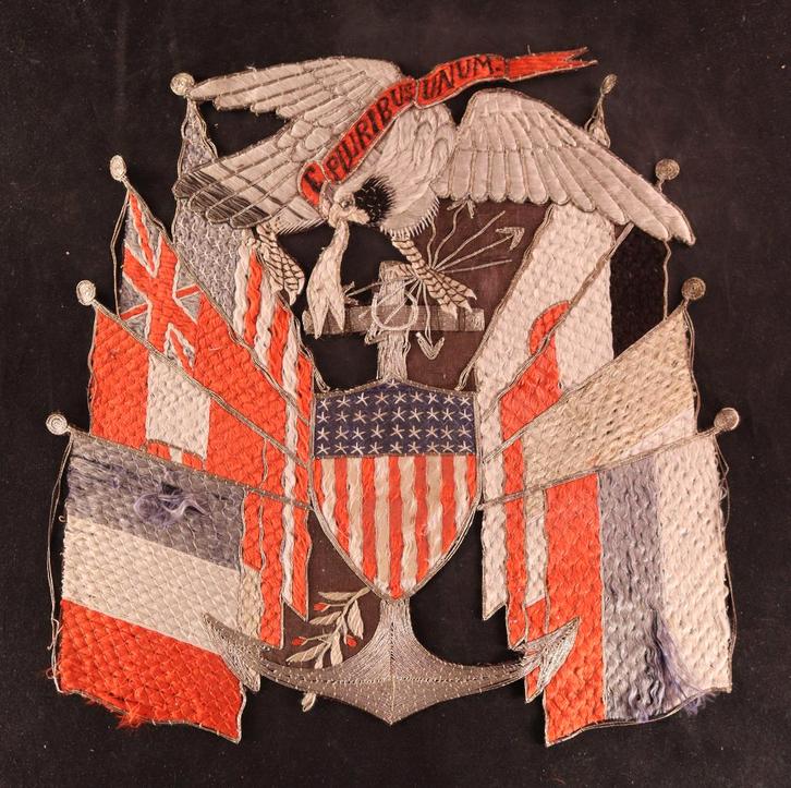 Antiek zijden borduurwerk met adelaar, Antiek en Kunst, Antiek | Overige Antiek, Ophalen of Verzenden