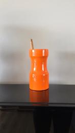 Retro oranje olijfpot met houten lepel & kurken deksel., Ophalen of Verzenden, Huis en Inrichting