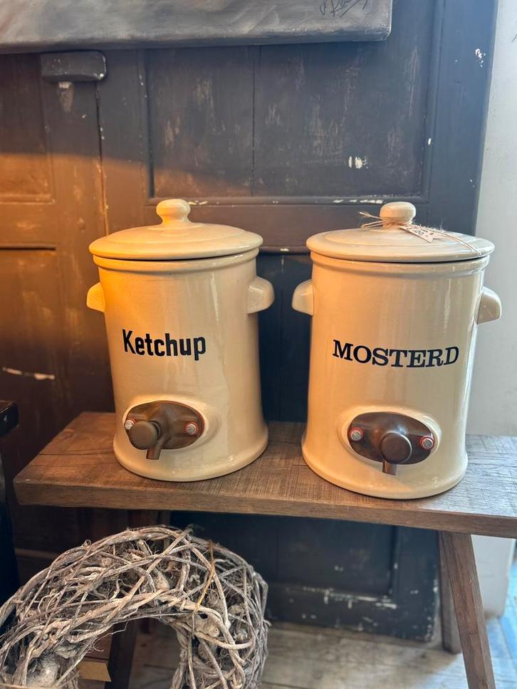 Set van 2 dispensers mosterd en ketchup brocante, Antiek en Kunst, Antiek | Keramiek en Aardewerk, Ophalen