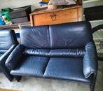 Donkerblauwe leren bank en stoel, Ophalen of Verzenden, Gebruikt, 75 tot 100 cm