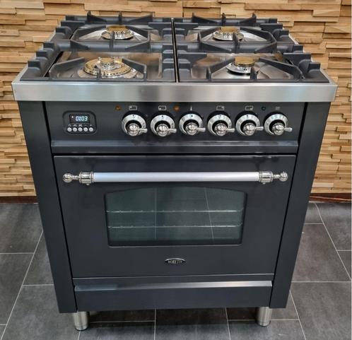Luxe Fornuis Boretti 70cm antraciet + rvs 4 pits 1 oven, Witgoed en Apparatuur, Fornuizen, Zo goed als nieuw, Vrijstaand, Gas