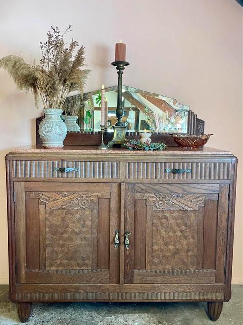 Art deco houten dressoir met terra marmeren blad, Huis en Inrichting, Kasten | Dressoirs, Gebruikt, 100 tot 150 cm, 25 tot 50 cm