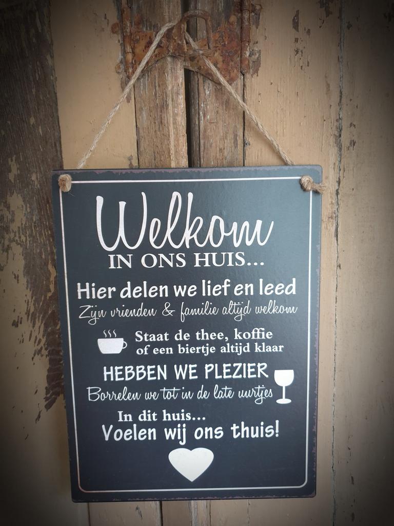 Metalen tekst bord zwart "Welkom in ons huis" Spreuk, Ophalen of Verzenden, Nieuw
