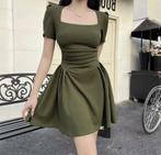 Short-Sleeve Square Neck Plain Ruched Mini A-Line Dress, Verzenden, Maat 42/44 (L), Nieuw, Boven de knie