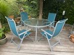 Tuinset met ronde glazen tafel – 4 stoelen (2 verstelbaar), Ophalen, 4 zitplaatsen, Gebruikt, Aluminium