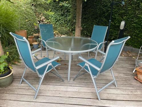 Tuinset met ronde glazen tafel – 4 stoelen (2 verstelbaar), Tuin en Terras, Tuinsets en Loungesets, Gebruikt, Tuinset, Aluminium