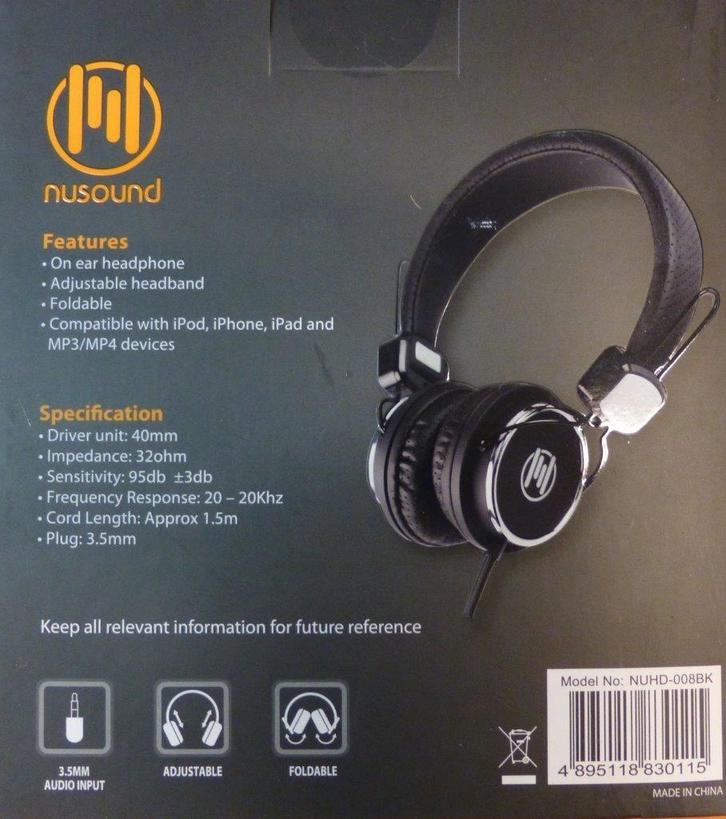 Koptelefoon headset Nusound on Ear professional NUHD-008BK, Audio, Tv en Foto, Koptelefoons, Nieuw, Op oor (supra aural), Overige merken