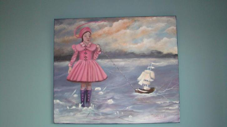 Olieverfschilderij: meisje met bootje op ijs, Antiek en Kunst, Kunst | Schilderijen | Klassiek, Ophalen