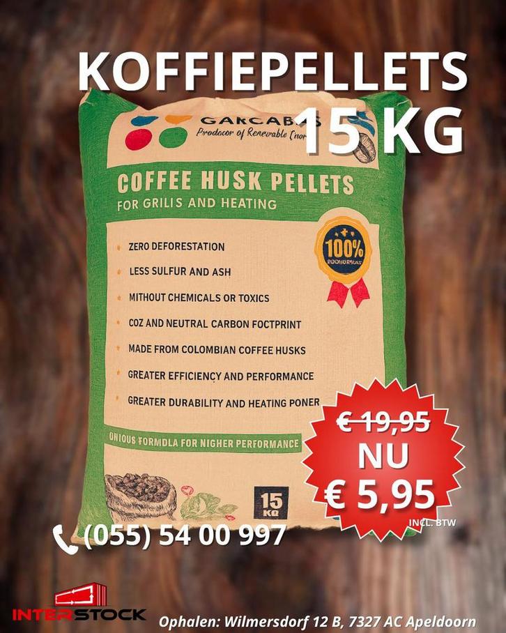 AKTIE KoffiePellets 15kg voor Pelletkachel NU € 5,95, Huis en Inrichting, Kachels, Nieuw, Pelletkachel, Hout, Ophalen of Verzenden