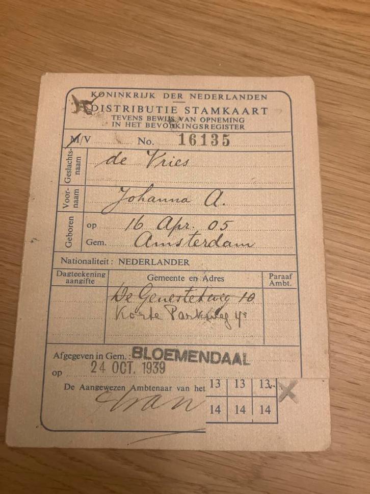 WOII Distributie Stamkaart Bloemendaal 1939, Verzamelen, Militaria | Tweede Wereldoorlog, Nederland, Ophalen of Verzenden
