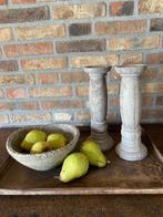 Landelijke set stenen kandelaars/schaal/ metalen dienblad, Ophalen of Verzenden, Gebruikt