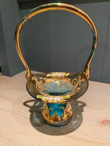 Antiek Glazen Mandje - Boheems/Moreno Stijl - Blauw & Goud G beschikbaar voor biedingen