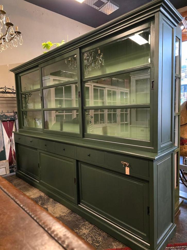 Groot! Engels groene Vitrinekast | Buffetkast | Keukenkast, Huis en Inrichting, Kasten | Buffetkasten, Gebruikt, 200 cm of meer