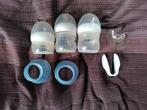 3 Philips Avent flesjes + 2 borstkolf adapters + tepelhoedje, Ophalen of Verzenden, Gebruikt, Overige typen