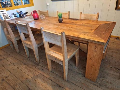 grote steigerhouten tafel met 6 stoelen, Huis en Inrichting, Tafels | Eettafels, Zo goed als nieuw, 50 tot 100 cm, 200 cm of meer