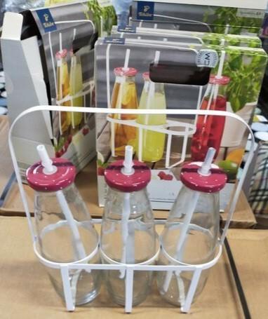 Partij flessenrek met 3  flessen camping kinderfeestje, Huis en Inrichting, Keuken | Servies, Nieuw, Glas of Glazen, Overige stijlen