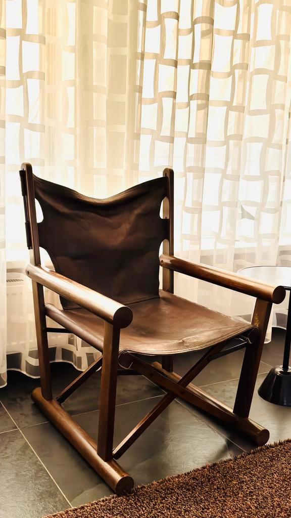 Vintage vouwstoel en kruk, model PL 22, Huis en Inrichting, Stoelen, Gebruikt, Eén, Leer, Bruin, Ophalen