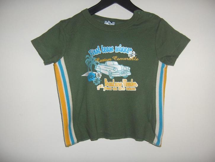 Groen katoenen auto print shirtje HEMA mt 74 nieuwstaat, Kinderen en Baby's, Babykleding | Maat 74, Zo goed als nieuw, Jongetje