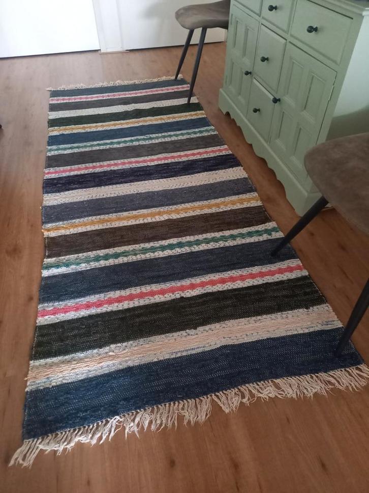 Zweedse katoenen loper, donkergrijs & veel kleurige banen, Huis en Inrichting, Stoffering | Tapijten en Kleden, Gebruikt, 50 tot 100 cm