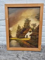 Schilderij huis met rieten dak / in houten lijst, Ophalen of Verzenden