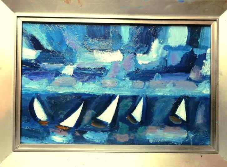 Gerrit Benner BNr r.o Bootjes op zee olieverf op paneel, Antiek en Kunst, Kunst | Schilderijen | Modern, Verzenden