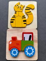 Houten puzzels tractor en poes, Kinderen en Baby's, Speelgoed | Kinderpuzzels, Van hout, Minder dan 10 stukjes, Ophalen of Verzenden