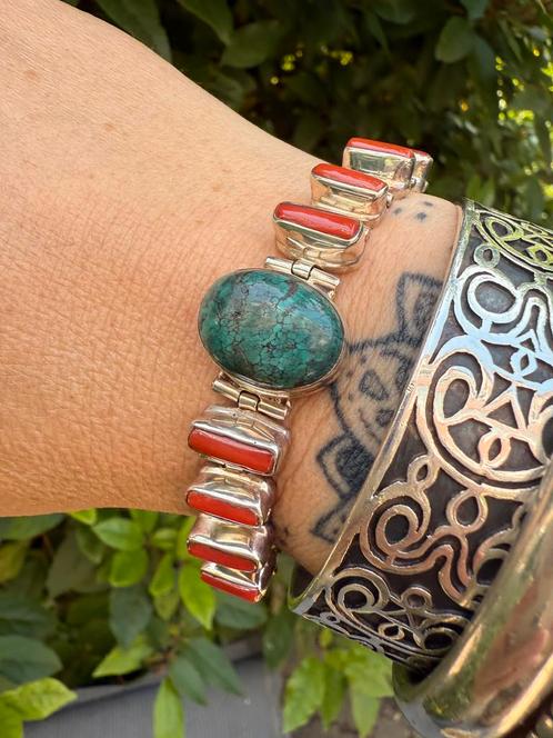 Bijzonder mooie 925 zilveren armband..Turkoois&Bloedkoraal., Sieraden, Tassen en Uiterlijk, Armbanden, Zo goed als nieuw, Zilver