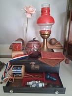 Lot Curio antiek messing glas klok vaas kandelaar kist leer, Ophalen of Verzenden