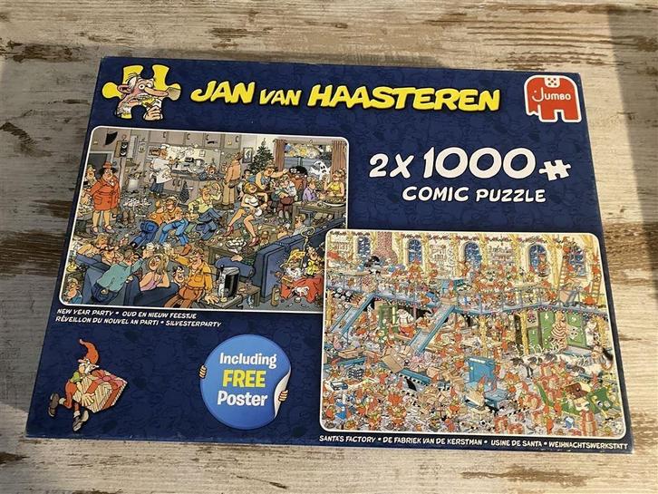 jan van haasteren - new year party santa's factory 2x 1000, Hobby en Vrije tijd, Denksport en Puzzels, Zo goed als nieuw, Meer dan 1500 stukjes