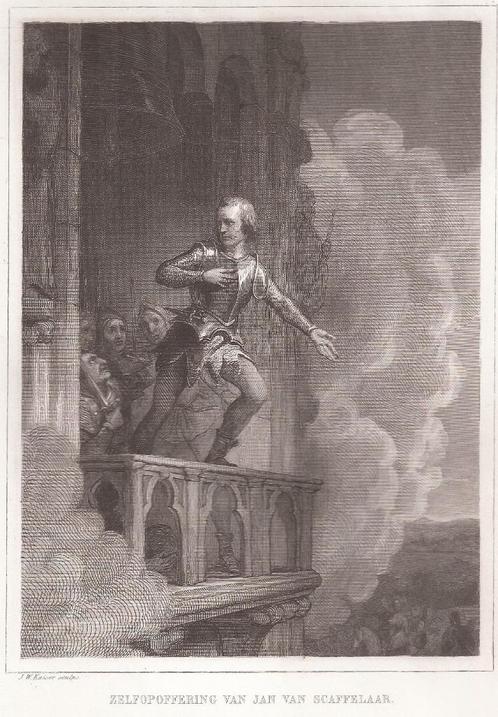 Barneveld Zelfopoffering van Jan van Schaffelaar, Antiek en Kunst, Kunst | Etsen en Gravures, Ophalen of Verzenden