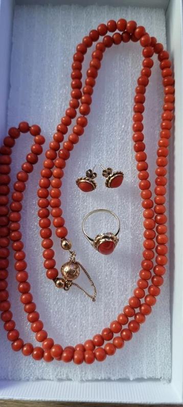 Vintage Sieraden van 14 karaats gouden met bloedkoraal . beschikbaar voor biedingen