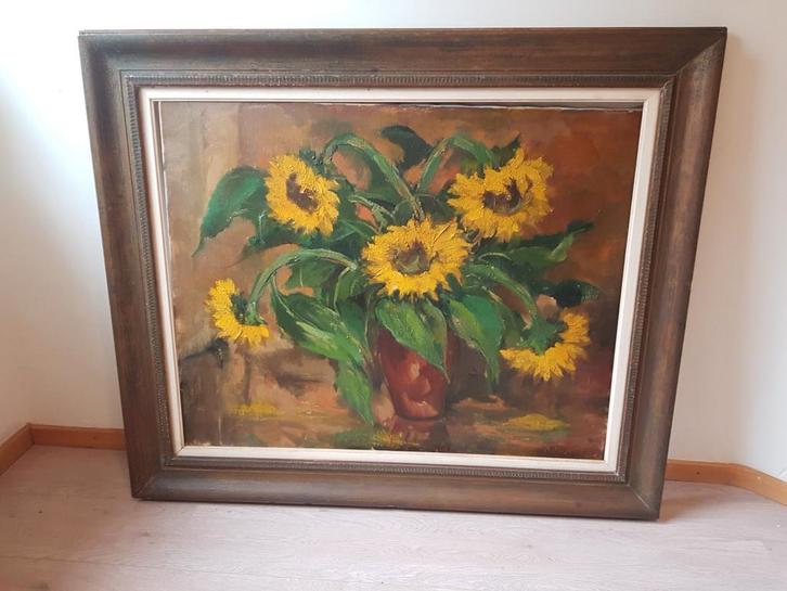 Zonnebloemen Olieverf Schilderij - René Morren, Antiek en Kunst, Kunst | Schilderijen | Klassiek, Ophalen of Verzenden