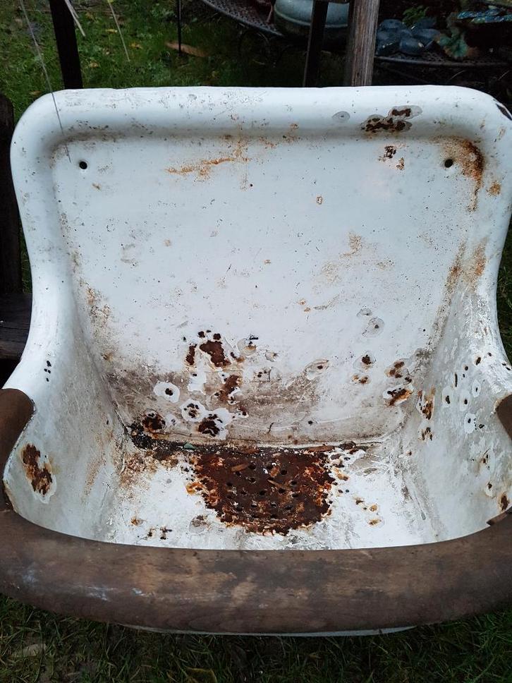 Doorleefde authentieke wasbak geemailleerd ijzer (brocante), Tuin en Terras, Tuinwanddecoratie, Gebruikt, Ophalen of Verzenden