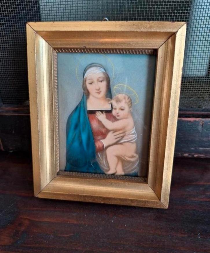 Geschilderd Olieverf Miniatuur van Maria met Kind, Antiek en Kunst, Antiek | Religie, Ophalen of Verzenden