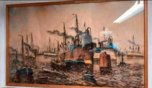 Schilderij Krijt tekening Willem Bos haven gezicht Rotterdam, Antiek en Kunst, Kunst | Schilderijen | Klassiek, Ophalen of Verzenden