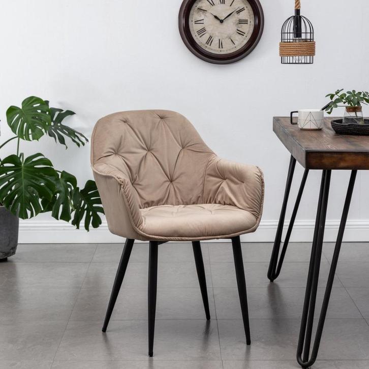 Roseberry - Beige - Eetkamerstoel met armleuning -4 set, Huis en Inrichting, Stoelen, Nieuw, Eén, Metaal, Stof, Overige kleuren