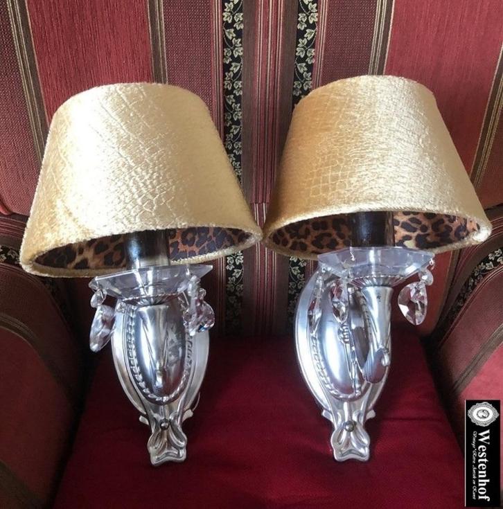 2 Wandlampen barok zilver met kristal en fluweel lampenkap, Huis en Inrichting, Lampen | Wandlampen, Gebruikt, Metaal, Ophalen of Verzenden