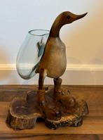 Handgemaakte houten eend (2) met glazen vaas op de rug, Antiek en Kunst, Ophalen of Verzenden